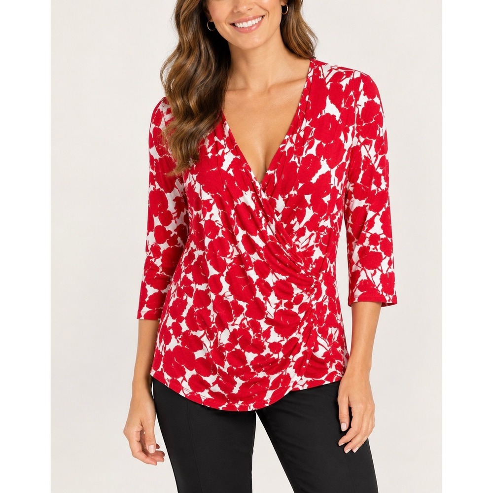 Talbots Faux Wrap Top Women XL Red White Floral Ruched Surplice Career Chic